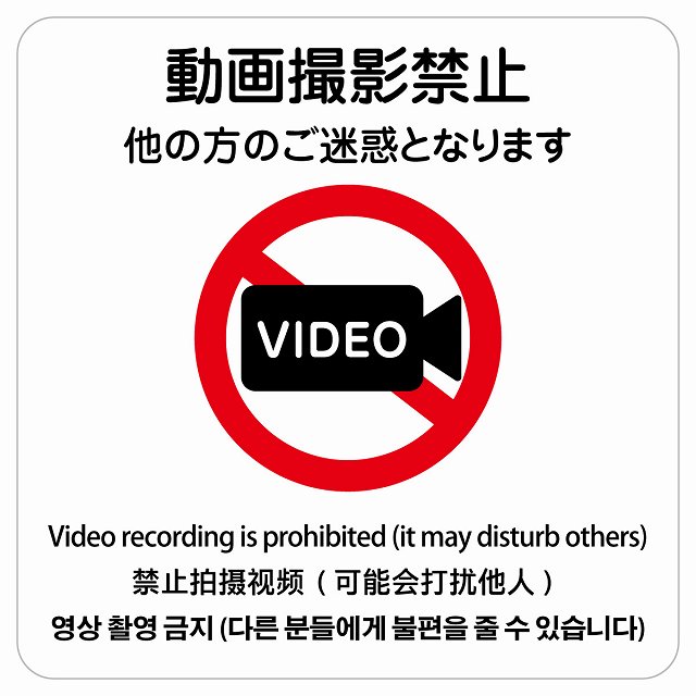 動画撮影禁止（他の方のご迷惑となります） 多言語 英語 中国語 韓国語 対応 サインステッカー シール ..