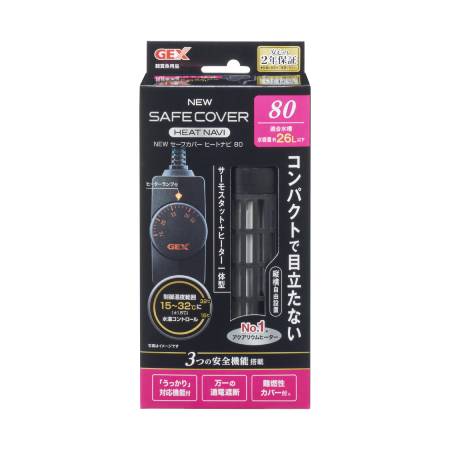 水温を15〜35度にコントロールできるサーモスタットと80Wヒーターの一体型温度可変式ヒーターです設定温度を自由に変えられるだから魚種や生体の状態に合わせた水温設定が可能高精度コンパクトサーモスタットキスゴム付きで、水槽外面に簡単固定だから水槽周りもスッキリ従来の横設置に加え、縦設置も可能水容量約26L以下3つの安全機能「うっかり」対応、万一の通電遮断、難燃性カバー付【仕様】●サイズ：W100×D64×H211mm●重量：320g●ガラス管：耐熱ガラス●ケースU：ABS、ケース：ABS●ヒーターカバー：難燃PP（V0材）●キャップ：PS●コントロールケースU／L：ABS●ダイアル：ABS●製造国：インドネシア※水温の管理には、必ず水温計を併用してチェックしてください※エアレーション又は、ろ過装置を使用し水槽内の水が撹拌されている状態の水槽で使用してください※ヒーターカバーは【ジェックス アクア用品 ヒーター 温度管理】