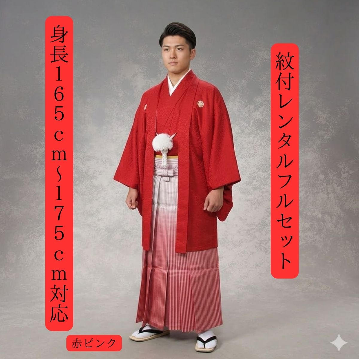 Rakuten - レンタル 紋付袴レンタル 貸衣装 赤 ピンク 着物レンタル 紋付き 色打掛白無垢セットでセット割有 紋服 男物羽織袴 結婚式 新郎衣裳 成人式 卒業式 送料無料 足袋まで付いたフルセット 身長165cm～175cm対応 赤とピンクの華やか共演でひとり飛び抜ける
