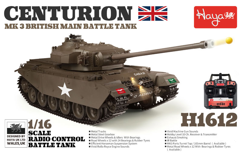 HAYA 1/16 センチュリオンCenturion 2.4GHz（金属ギアボックス・金属キャタピラ・金属スプロケ・アイドラーホイール・BBリコイル・サウンド・発煙仕様） ■スケール：1/16 ■フルRCオペレーション：前進・後進・左右転回・信地転回・超信地展開・砲塔回転・砲身昇降 ■BB砲弾発砲メカニズム/砲身リコイルメカニズム（最大飛距離：25m） ■タミヤと互換性のある赤外線バトルシステム ■リアルサウンドジェネレーター（エンジンアイドル・オペレーション、マシンガンなど） ■スモークジェネレーター（エンジン排気） ■ユニークなトラックテンションアジャスター ■金属製のアームを備えた効率的なホルストマン サスペンション システム ■金属製スチールギアボックス ■金属製キャタピラ ■金属製ベアリング付きスプロケット・アイドラーホイール ■二重軸受けが付いているプラ&#8203;&#8203;スチック ロード ホイール ■各ドライブ ホイールおよび各リターン ホイールのゴム製タイヤ。 ■Commander Machine Gun は 360 度時計回り/反時計回りに回転し、速度は調整可能です。 ■ロールスロイスの鮮やかなエンジン音 ■赤外線バトルシステム (IRシュートエミッターユニットとマッシュルームIRレシーバーは別途購入する必要があります。) ■ClarkModel Board TK50s バージョンをインストール ■他の1/16 RC タンクで使用できるホビー レベルの FlySky 10 チャンネル 送受信機 ■金属製キャタピラ テンション アジャスター。 ■金属牽引ロープ ■メタルバレル ■適切な発射音を伴うバレル反動を伴うBBシューティング。 ※戦車のフィギュア (乗組員) は含まれていません。ディスプレイ用です。 ■2.4GHz 4ch送受信機 ■Li-ionバッテリー：7.2V 2000mAh ■専用充電器 ■BB砲弾 ■専用発煙オイルはオプションです。別途ご用意ください。 ■専用デカール ■ターゲットプレート ■取扱い説明書（英文）