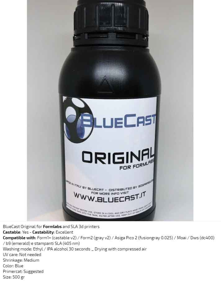 BlueCast オリジナルレジン　光造形SLA 3Dプリンター用 (Form1+ (castable v2) / Form2 (gray v2) / Asiga Pico 2 (fusiongray 0.025) / Moai / Dws (dc400) / b9 (emerald) e stampanti SLA (405 nm)） BlueCast ORIGINAL FORM 0.5 kg