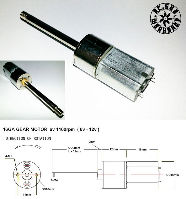 Rakuten - RC-SUB 16GA マイクロギアー・ モーター（16GA Micro Gear Motor 6v - 12v / 1100 rpm / M4 Shaft）