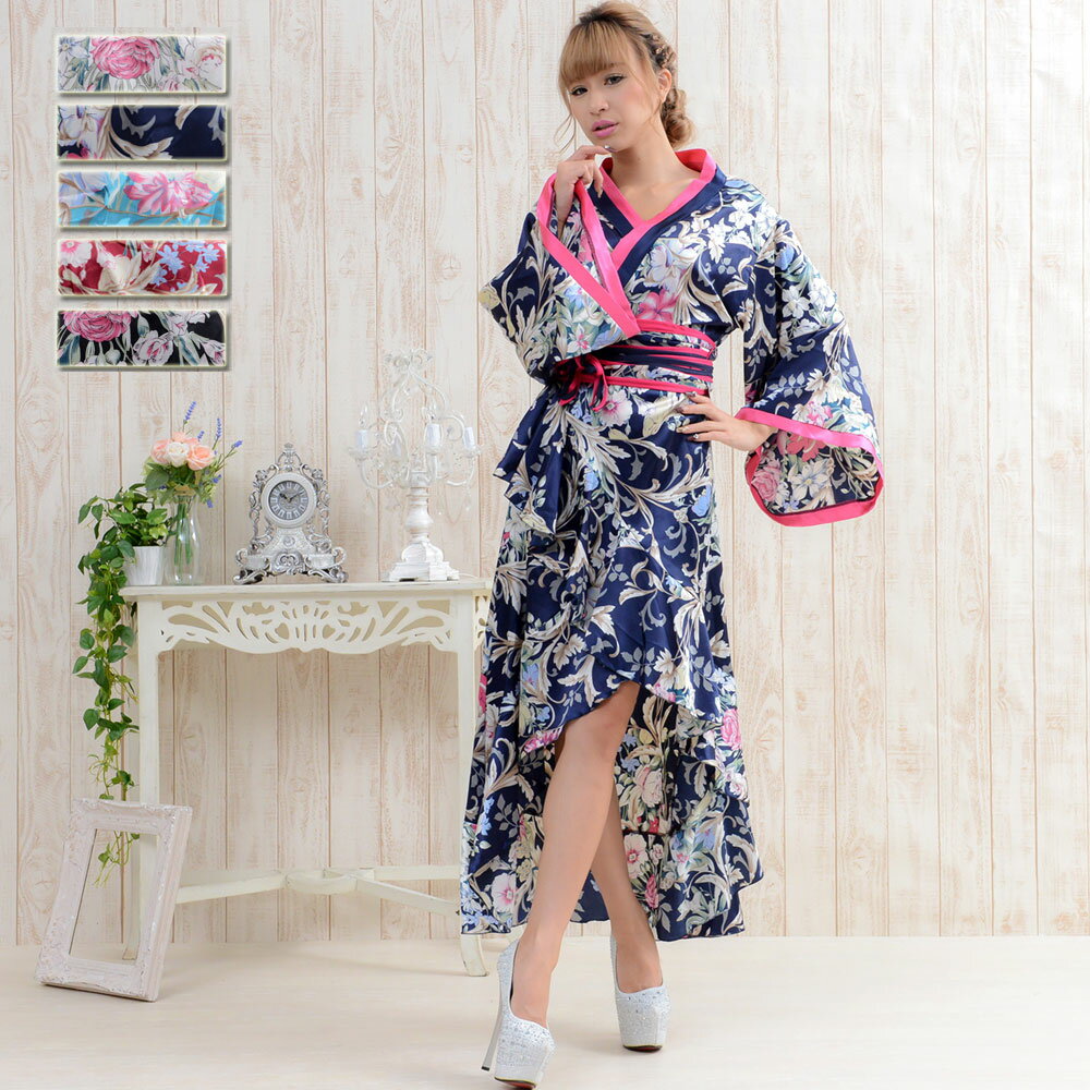 花魁 衣装 コスプレ【cwa9021】 9021 着物ドレス:ロング 前あきフリル (フレア 袖小)ゴージャス花 ※帯 紐結び ≫衣装 ダンス よさこい 花魁 コスプレ キャバドレス よさこい 衣装浴衣 イベント ダンス 和柄ドレス 浴衣 DRESS 和風 コスチューム ダンス衣装
