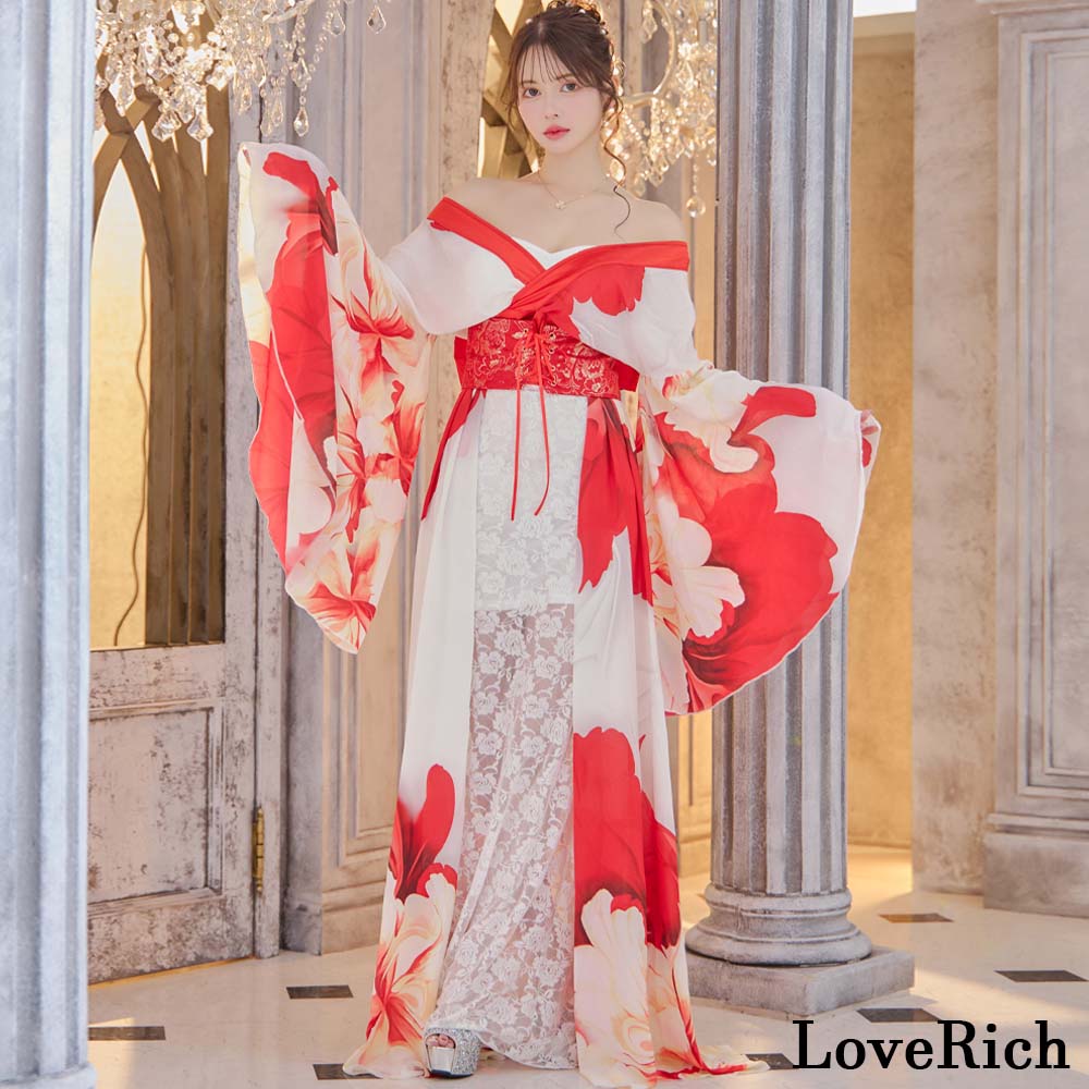 1340シフォン 和柄 コルセット風 レースアップ ロング 花魁 着物 ドレス コスプレ イベント ハロウィン　兵児帯　2032