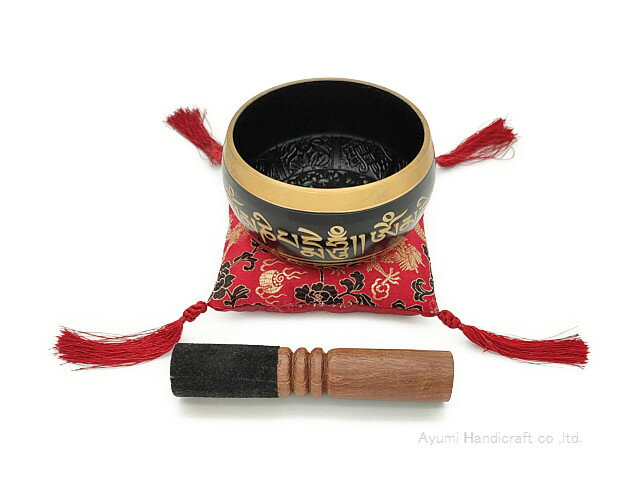 チベット密教法具シンギングボウル・ドニパトロ（bw032・口径約11cm 高さ約5.5cm）五仏柄　平面底のサムネイル