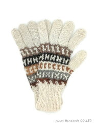 アルパカ純毛100％手編み手袋（生成地ボーダー柄　g831）