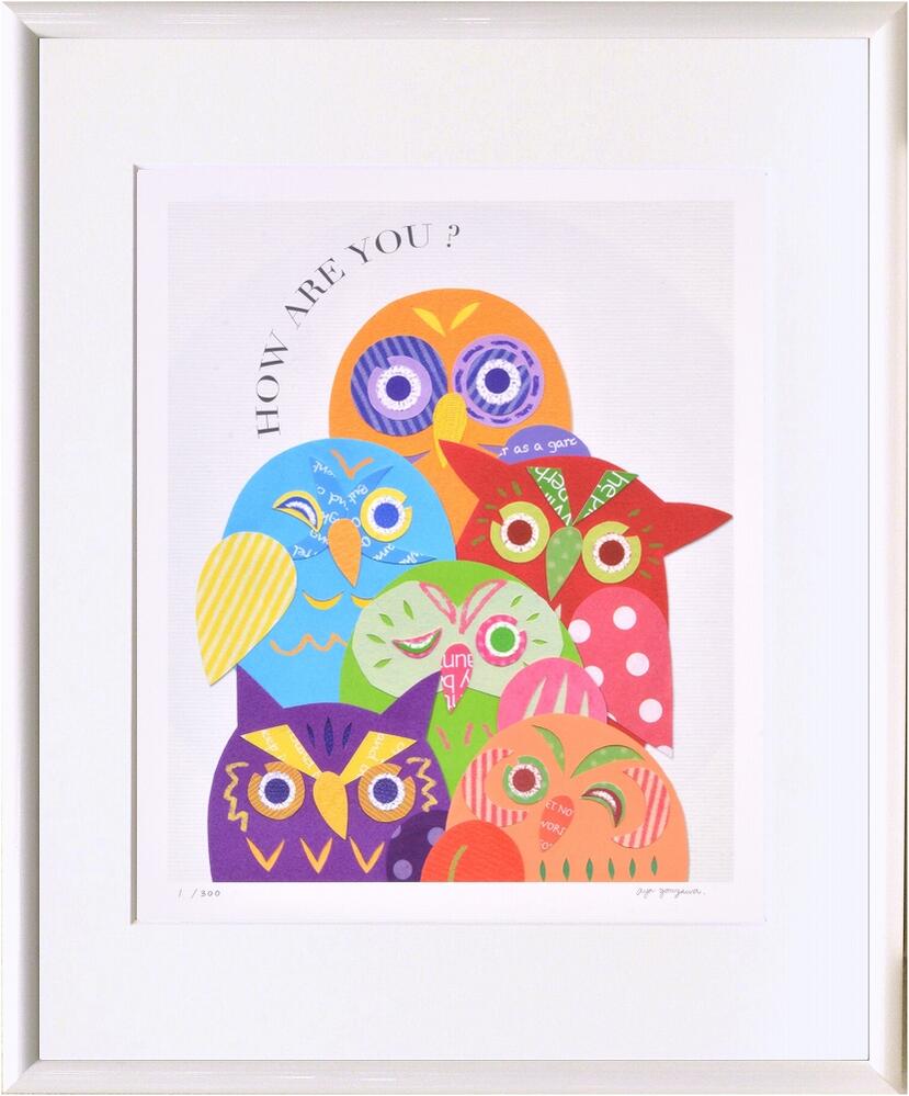 絵画 米澤 彩 カラフルふくろう/インテリア 額入り 額装込 風景画 油絵 ポスター アート アートパネル リビング 玄関 プレゼント モダン アートフレーム ...