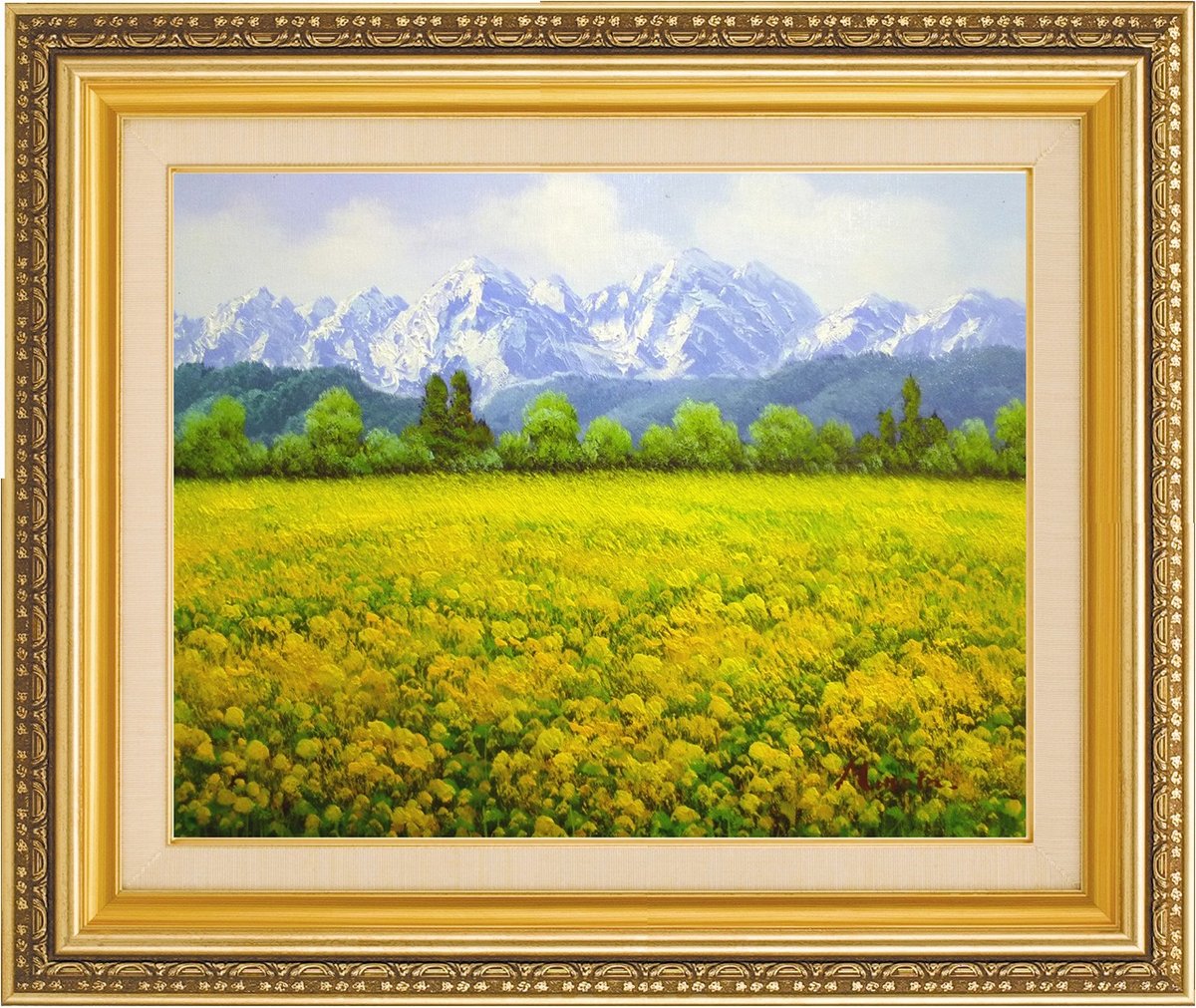 【スーパーSALE10%OFF】手描き油絵 室田 彰 信州菜の花畑 F10 画家本人手描き絵画/額入り 額装込 絵画 風景画 アート リビング 玄関 応接室 和...