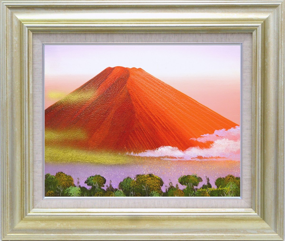 【スーパーSALE10%OFF】手描き油絵 雀 震洪 赤富士 F10 画家本人手描き絵画/額入り 額装込 絵画 風景画 アート リビング 玄関 応接室 和室 イ...