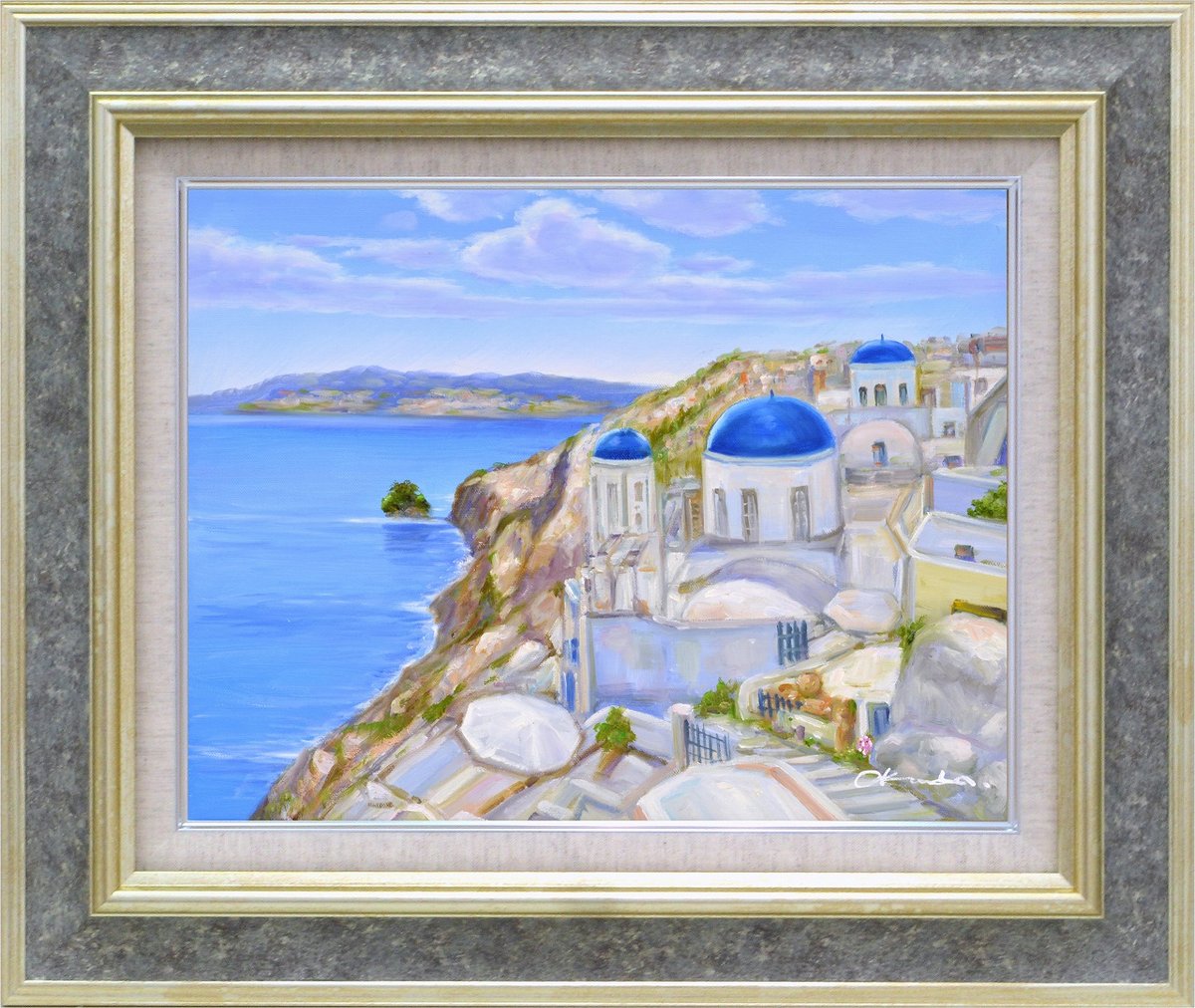 【スーパーSALE10%OFF】手描き油絵 奥田 ひとみ エーゲ海 F6 画家本人手描き絵画/額入り 額装込 絵画 風景画 アート リビング 玄関 応接室 和室...