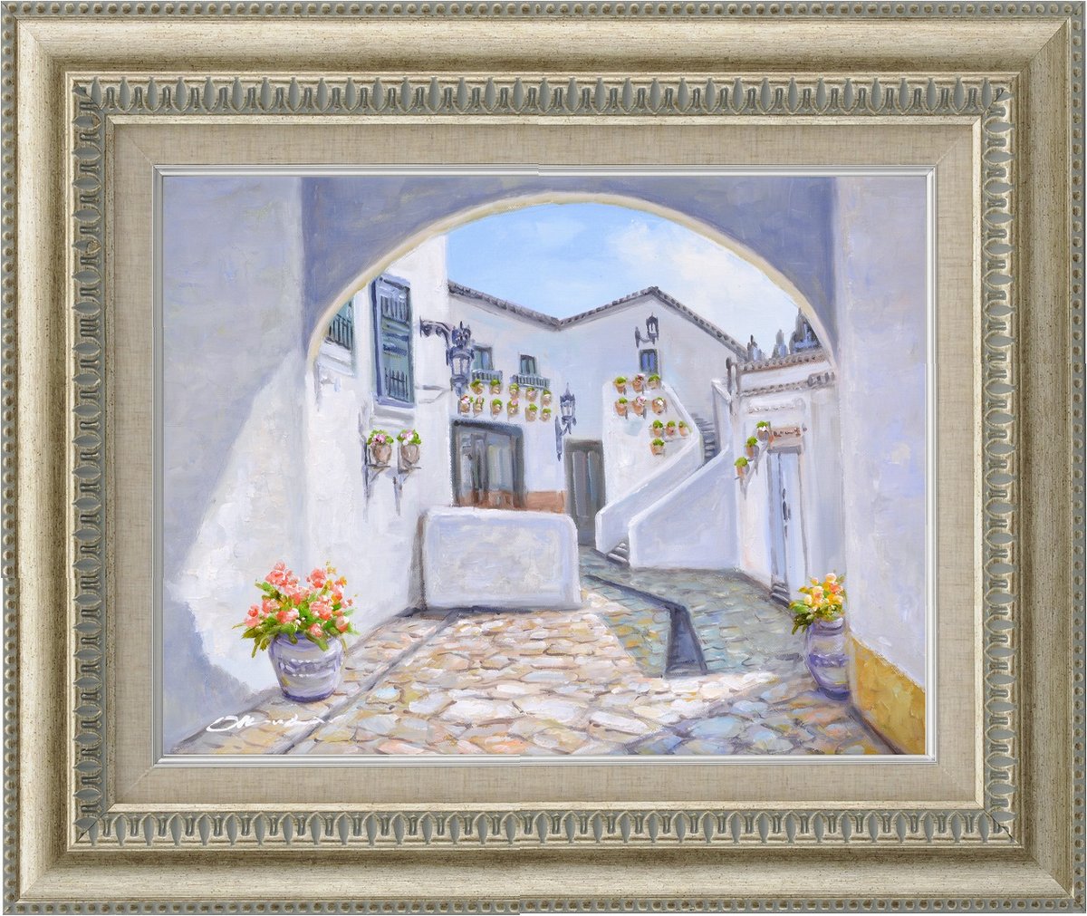 【スーパーSALE10%OFF】手描き油絵 奥田 ひとみ 石畳の街並み F6 画家本人手描き絵画/額入り 額装込 絵画 風景画 アート リビング 玄関 応接室 ...