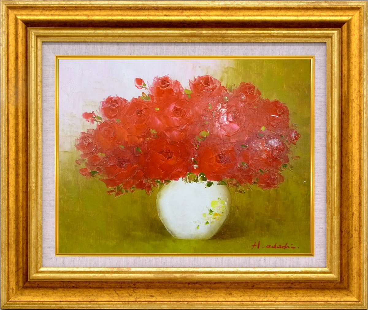 【スーパーSALE10%OFF】手描き油絵 足立 弘樹 赤いバラ F6 画家本人手描き絵画/額入り 額装込 絵画 アート リビング 玄関 応接室 和室 インテリ...