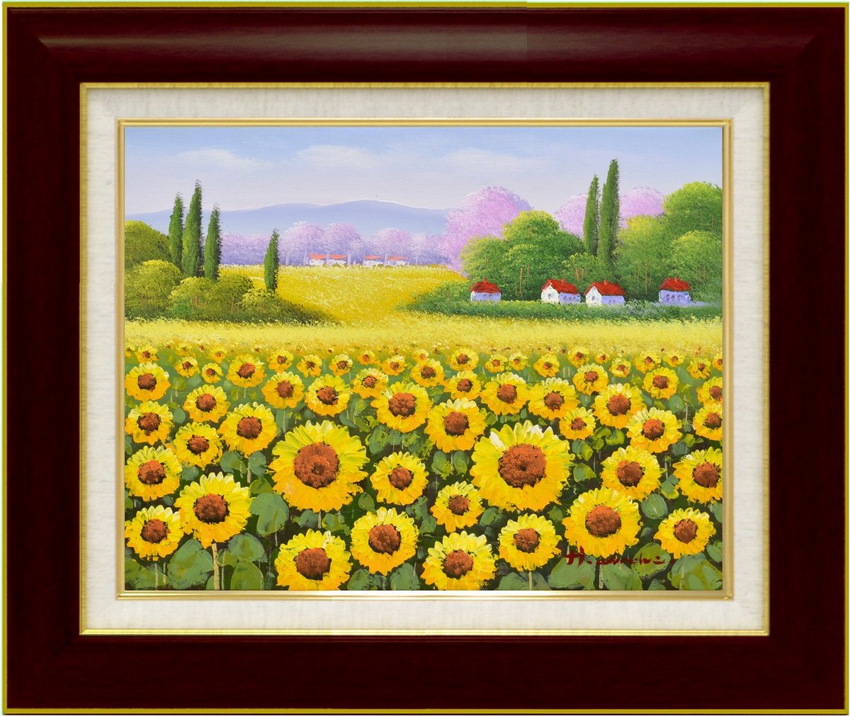【スーパーSALE10%OFF】手描き油絵 足立 弘樹 ひまわり畑1 F6 画家本人手描き絵画/額入り 額装込 絵画 風景画 アート リビング 玄関 応接室 和...