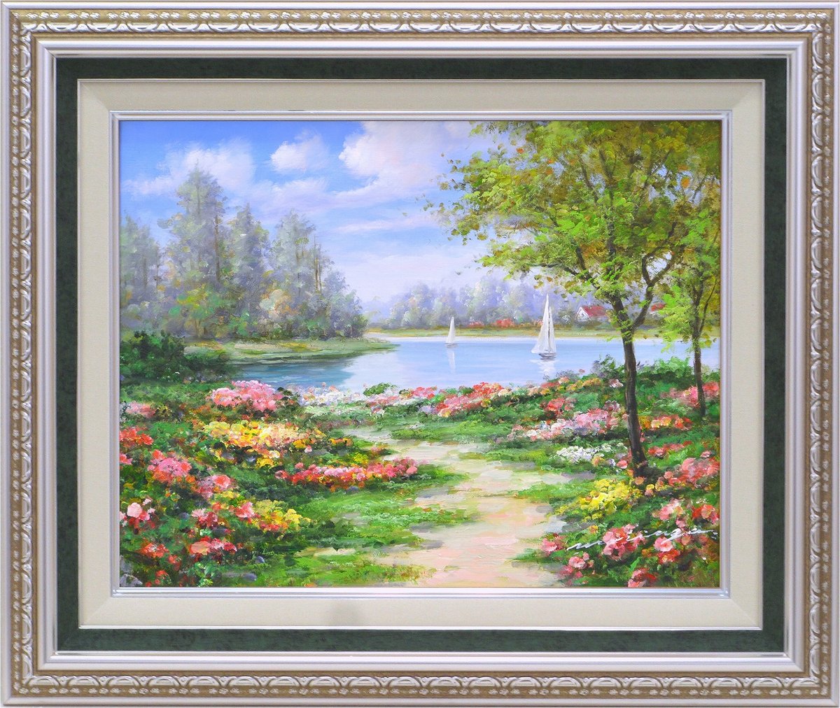 【スーパーSALE10%OFF】手描き油絵 モリンガ 花畑に彩られて2 F6 画家本人手描き絵画/額入り 額装込 絵画 風景画 アート リビング 玄関 応接室 ...