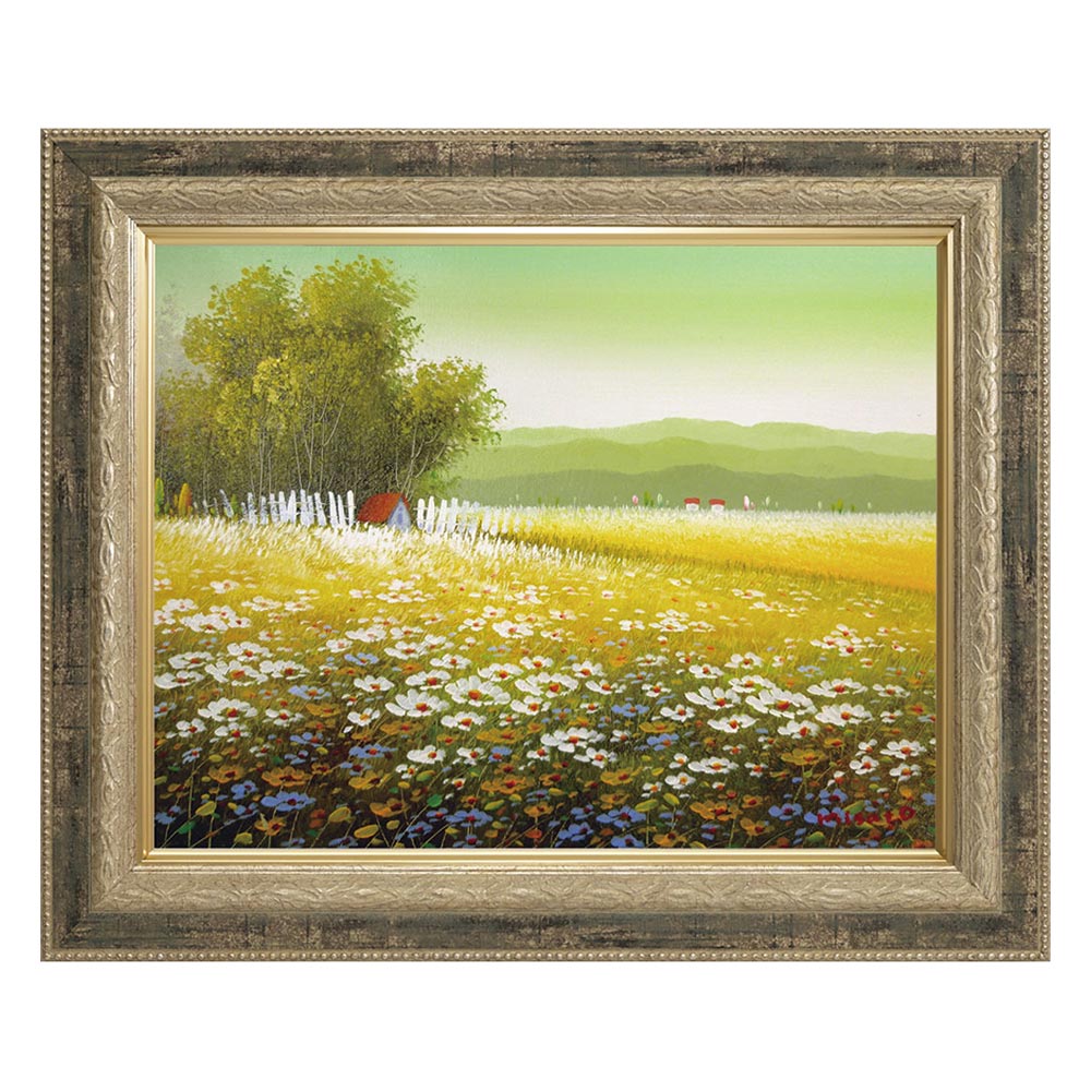 【スーパーSALE10%OFF】手描き油絵 沢井 美里 コスモスの咲く頃 F6 画家本人手描き絵画/額入り 額装込 絵画 風景画 アート リビング 玄関 応接室...