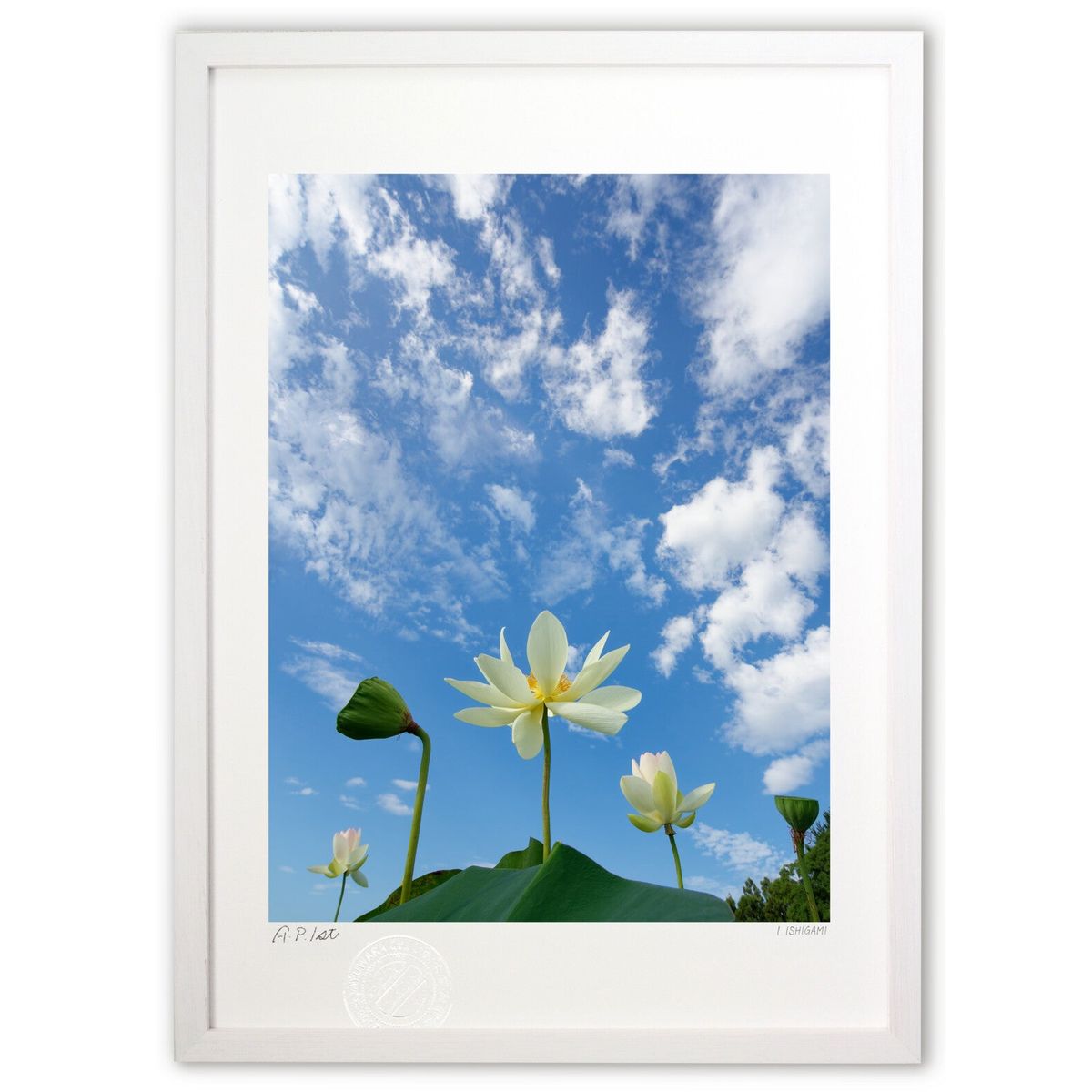 【スーパーSALE半額】版画 夏空と蓮 (I.ISHIGAMI)インテリア 壁掛け 額入り 風景画 ポスター アート リビング 玄関に飾る 風水 プレゼント モ...