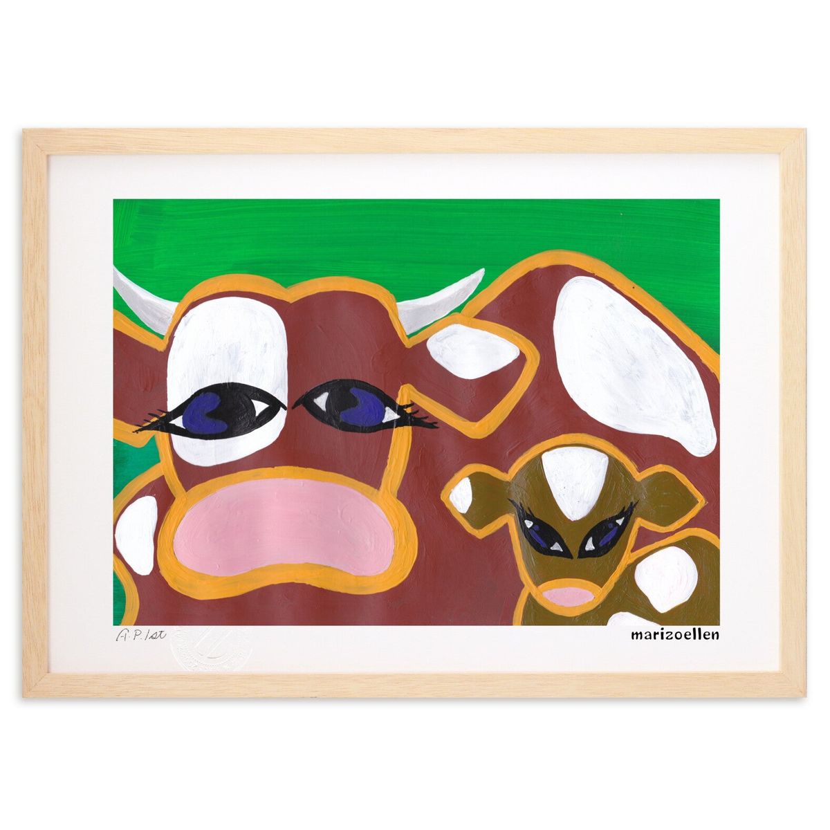 【スーパーSALE半額】版画 ウシさんの親子 (marizoellen)インテリア 壁掛け 額入り 風景画 ポスター アート リビング 玄関に飾る 風水 プレゼ...