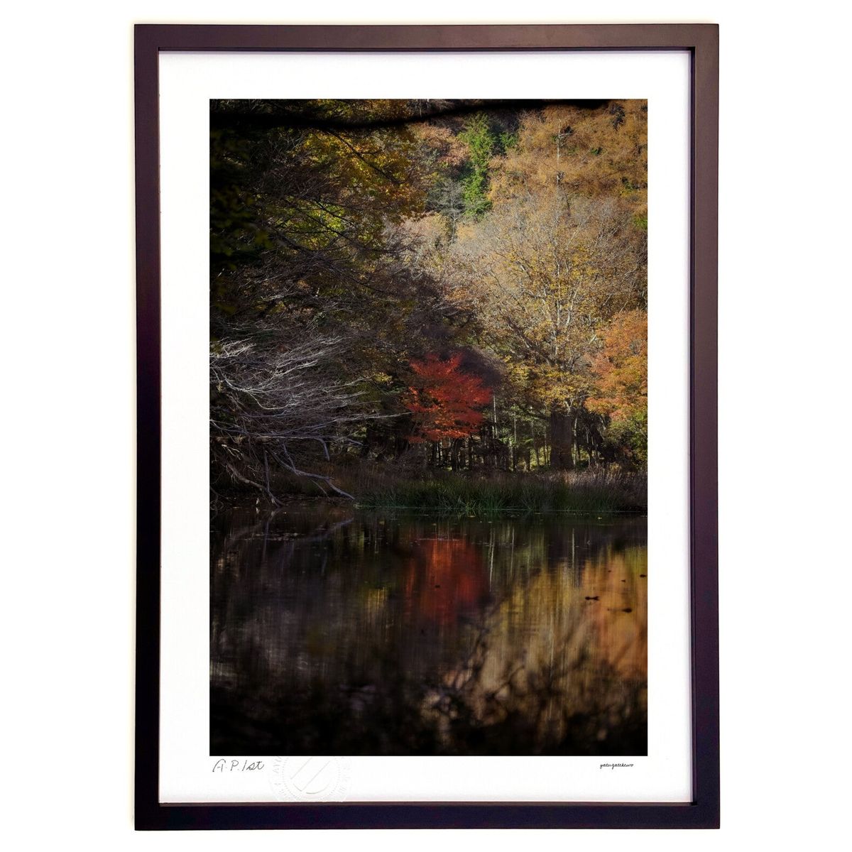 【スーパーSALE半額】版画 紅葉池にさす光 (奴が岳魚)インテリア 壁掛け 額入り 風景画 ポスター アート リビング 玄関に飾る 風水 プレゼント モダン ...