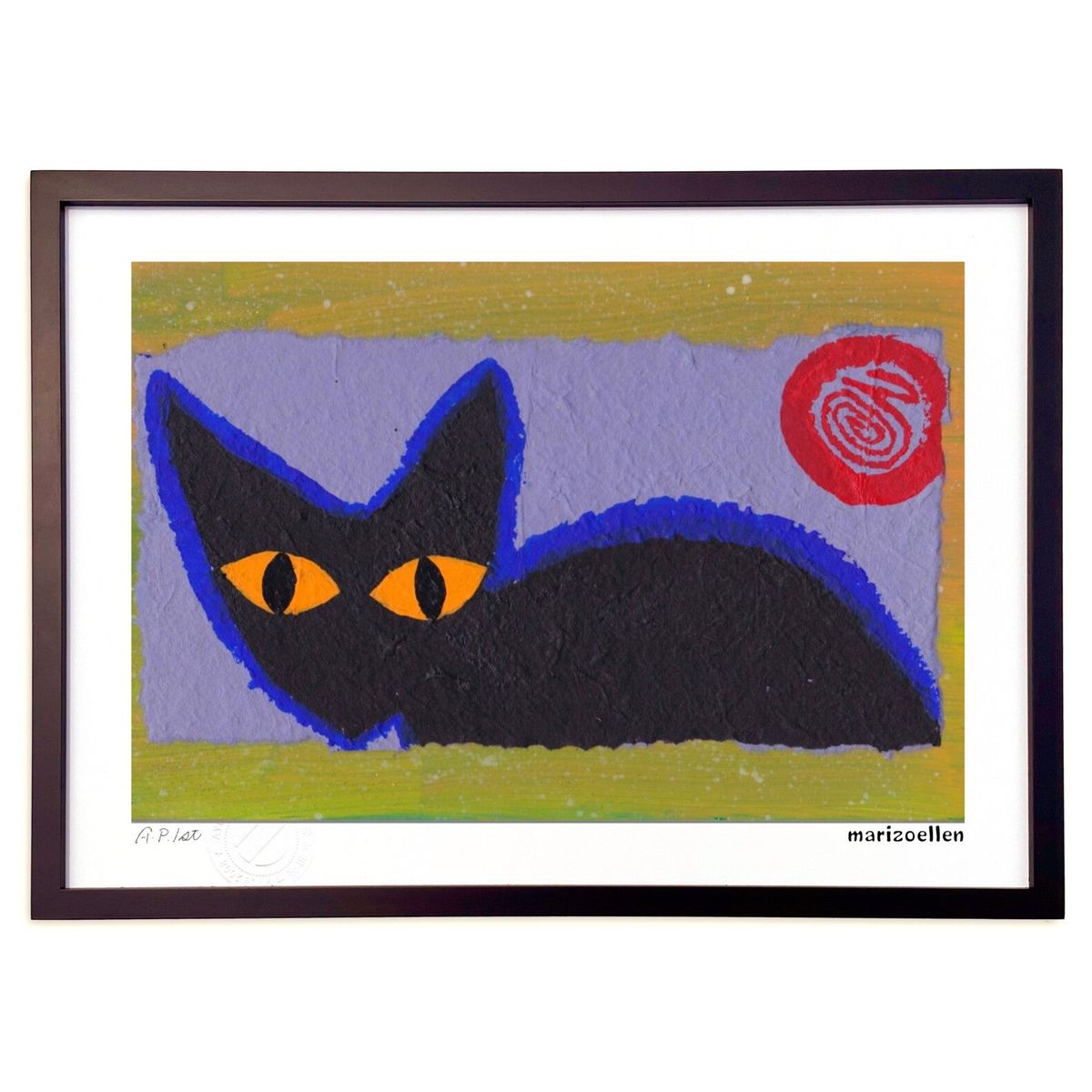 【スーパーSALE半額】版画 クロネコ (marizoellen)インテリア 壁掛け 額入り 風景画 ポスター アート リビング 玄関に飾る 風水 プレゼント ...