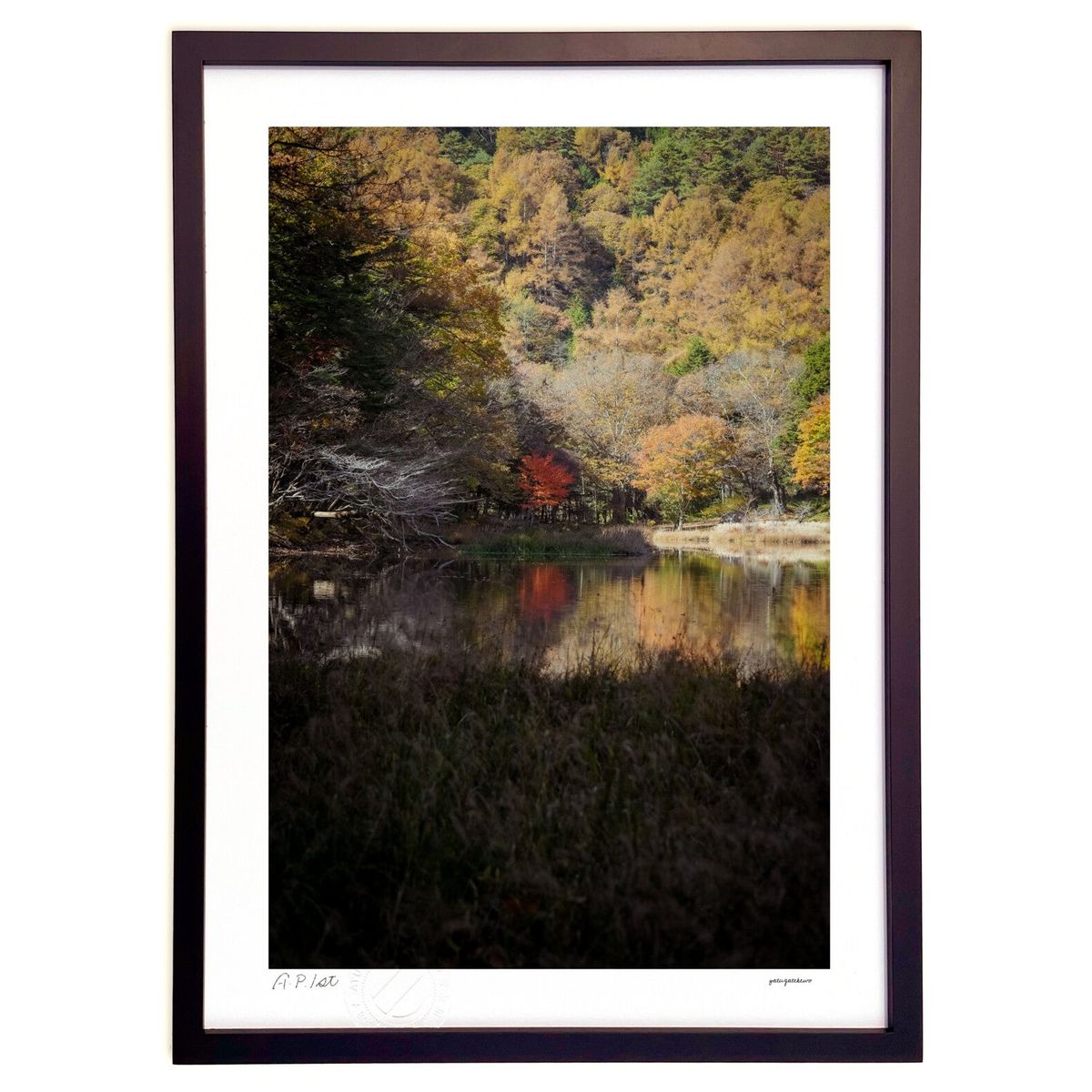 【スーパーSALE半額】版画 紅葉池にさす光 (奴が岳魚)インテリア 壁掛け 額入り 風景画 ポスター アート リビング 玄関に飾る 風水 プレゼント モダン ...