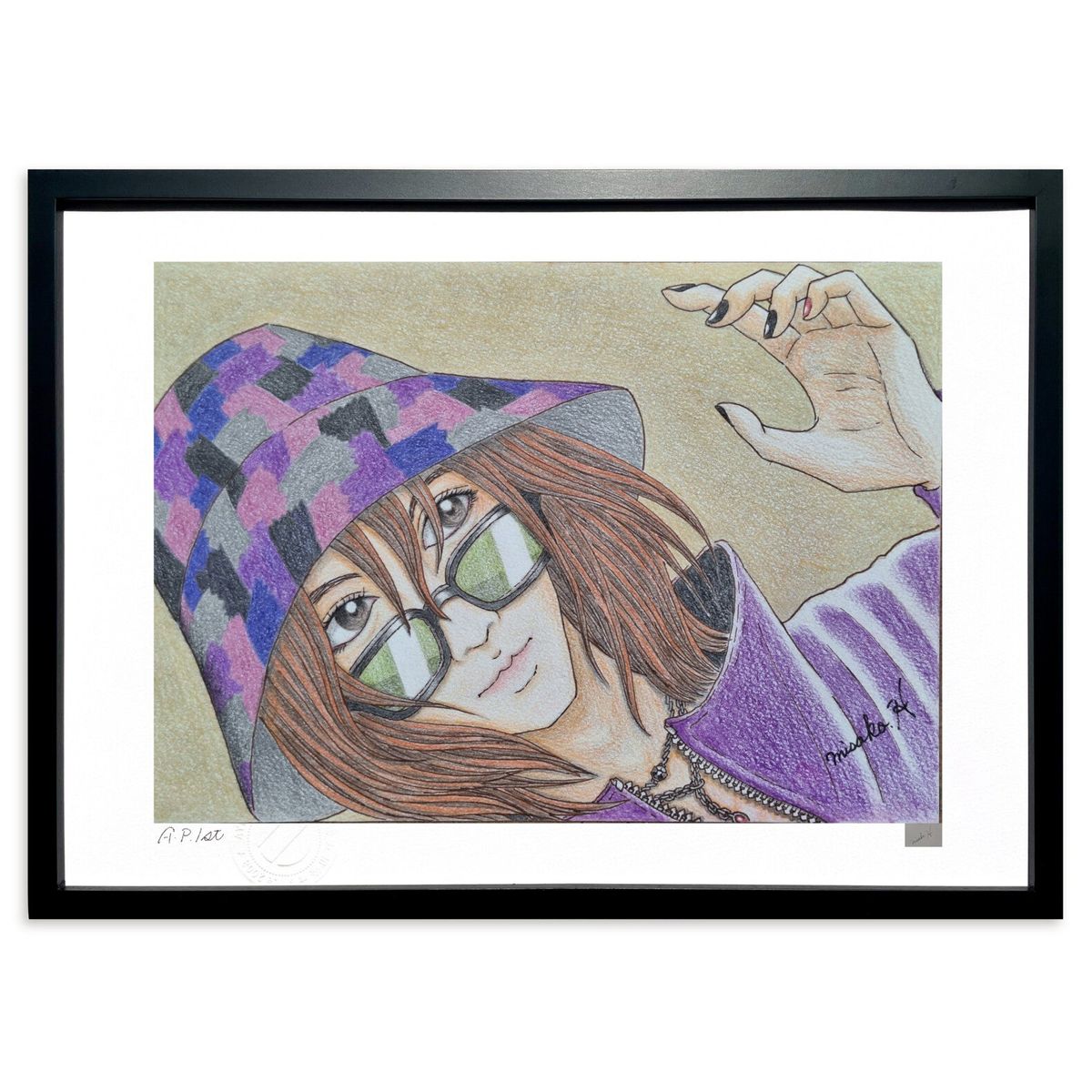 【スーパーSALE半額】版画 色鉛筆画 帽子とサングラス (misako.H)