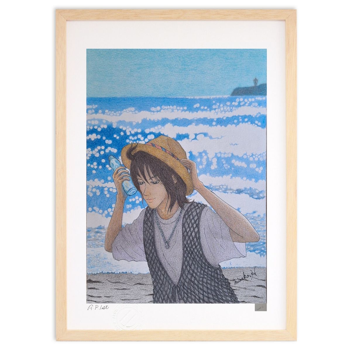 【スーパーSALE半額】版画 色鉛筆画 眩しい海 (縦) (misako.H)