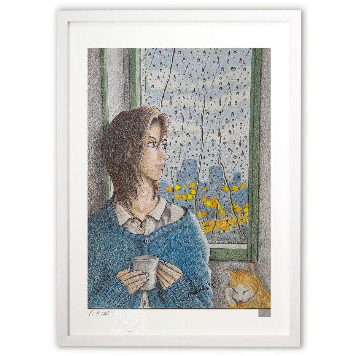 【スーパーSALE半額】版画 雨の窓辺 (misako.H)インテリア 壁掛け 額入り 風景画 ポスター アート リビング 玄関に飾る 風水 プレゼント モダン...