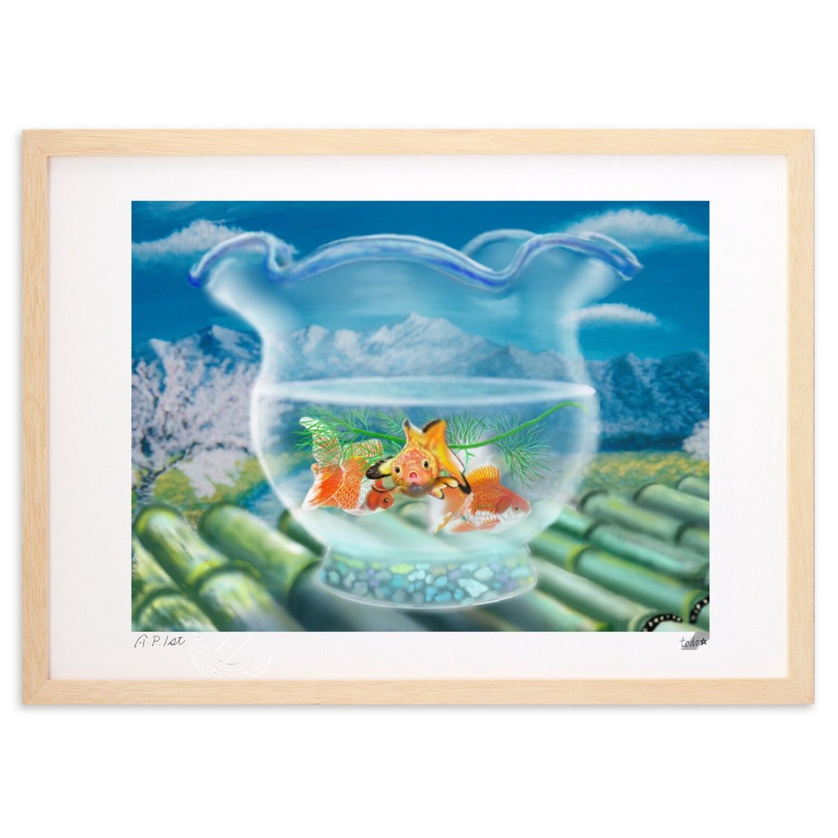 【スーパーSALE半額】版画 金魚と風景 (todo_0221)インテリア 壁掛け 額入り 風景画 ポスター アート リビング 玄関に飾る 風水 プレゼント モ...