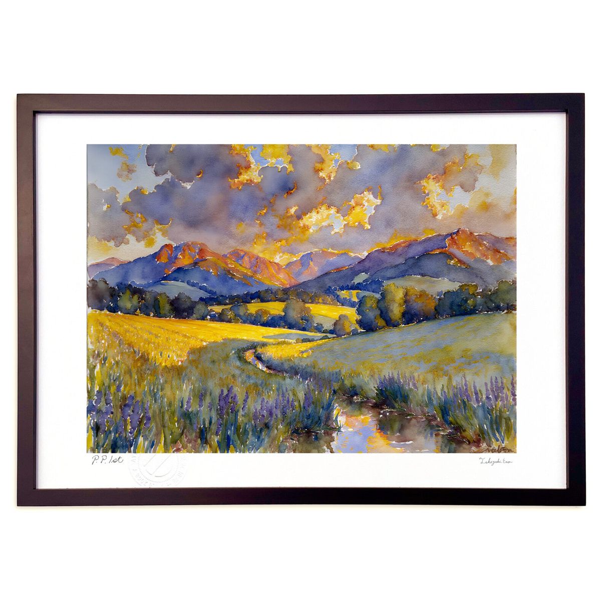 【スーパーSALE半額】版画 夕暮れの野山 (feather)インテリア 壁掛け 額入り 風景画 ポスター アート リビング 玄関に飾る 風水 プレゼント モダ...