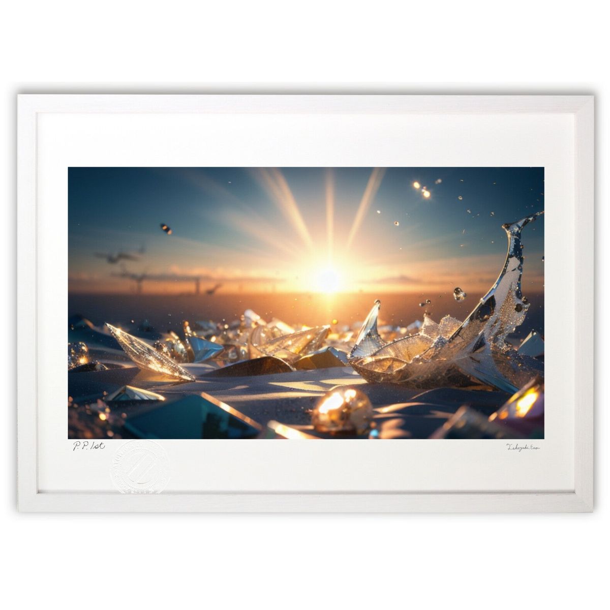 【スーパーSALE半額】版画 朝日の中の砕けたガラスと砂浜 (N)インテリア 壁掛け 額入り 風景画 ポスター アート リビング 玄関に飾る 風水 プレゼント ...