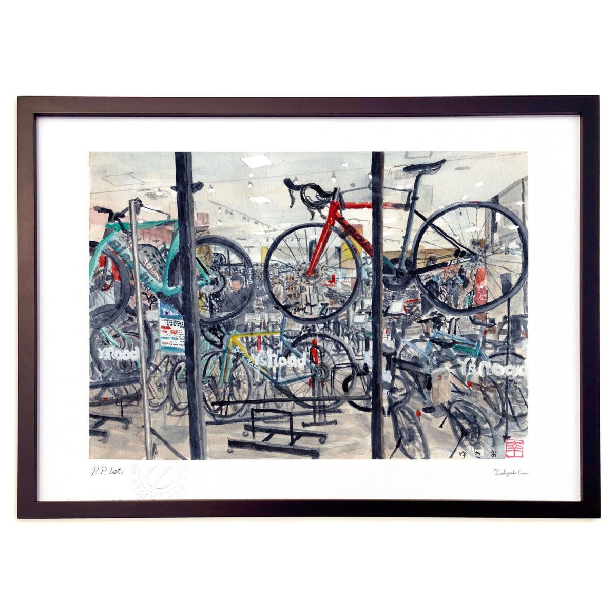 版画 自転車屋 (ゆきお)インテリア 壁掛け 額入り 風景画 ポスター アート リビング 玄関に飾る 風水 プレゼント モダン アートフレーム