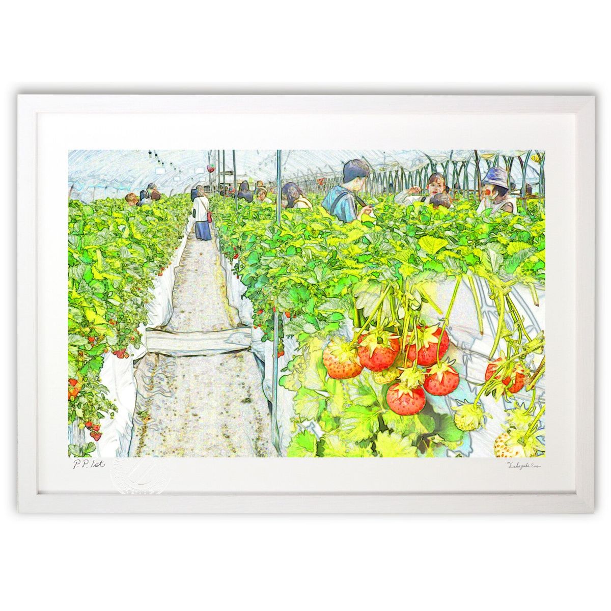 【スーパーSALE半額】版画 イチゴ狩り (安部 訓愛)インテリア 壁掛け 額入り 風景画 ポスター アート リビング 玄関に飾る 風水 プレゼント モダン ア...