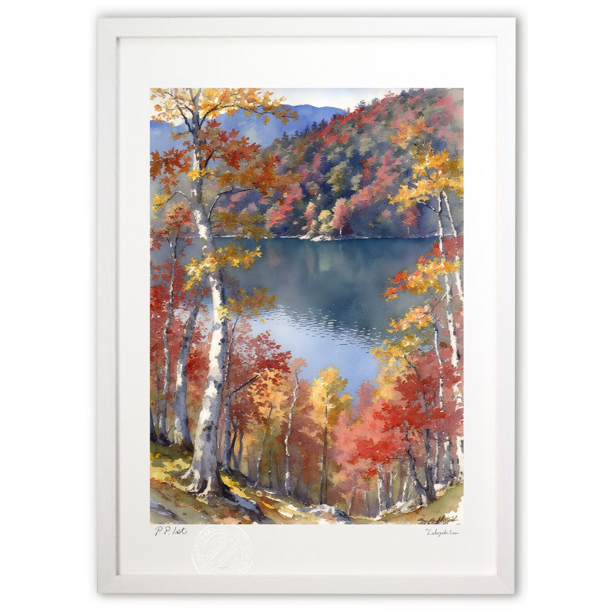 【スーパーSALE半額】版画 秋の湖 (feather)インテリア 壁掛け 額入り 風景画 ポスター アート リビング 玄関に飾る 風水 プレゼント モダン アートフレーム