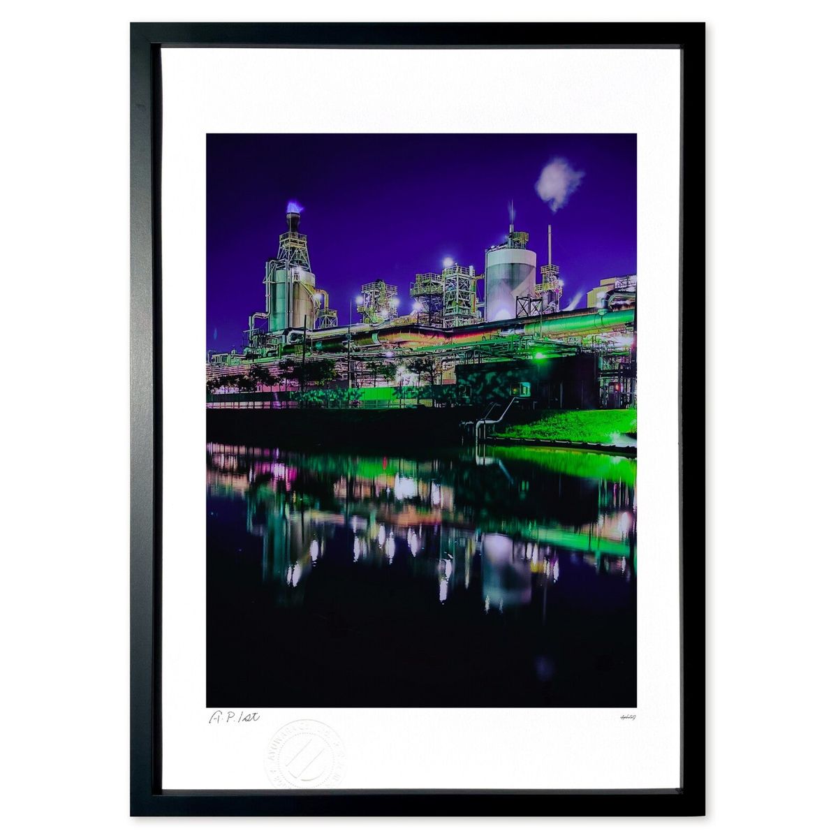 版画 夜の工場 (R.K.Photo9)インテリア 壁掛け 額入り 風景画 ポスター アート リビング 玄関に飾る 風水 プレゼント モダン アートフレーム