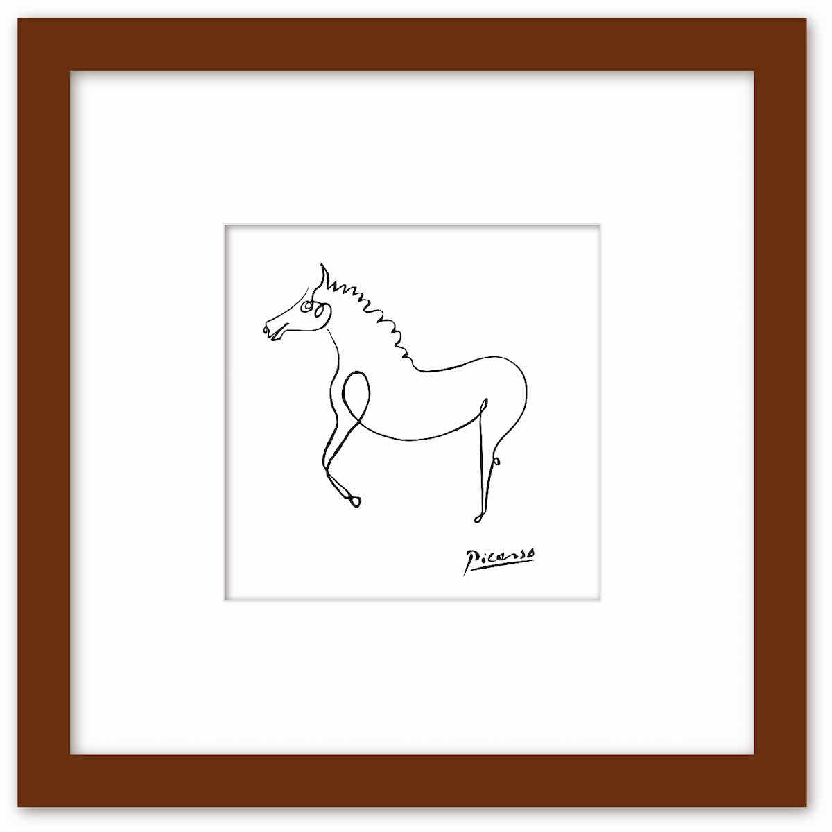 【スーパーSALE10%OFF】名画 ラインアート パブロ・ピカソ 署名入り Le cheval 馬 ブラウンフレーム Mサイズ 額入り シンプル インテリア ...