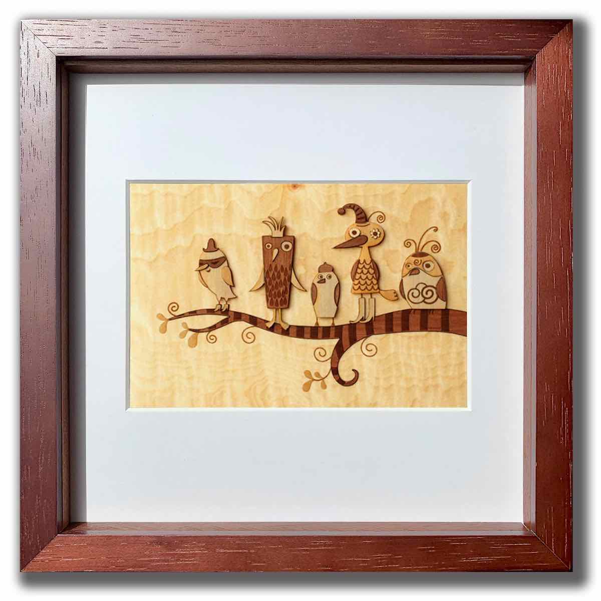 【スーパーSALE10%OFF】本格木工細工 木はり絵手作りキット ファイブファニーバード 額付き ブラウンフレーム 立てかけ ビギナーレベル /インテリア 額...