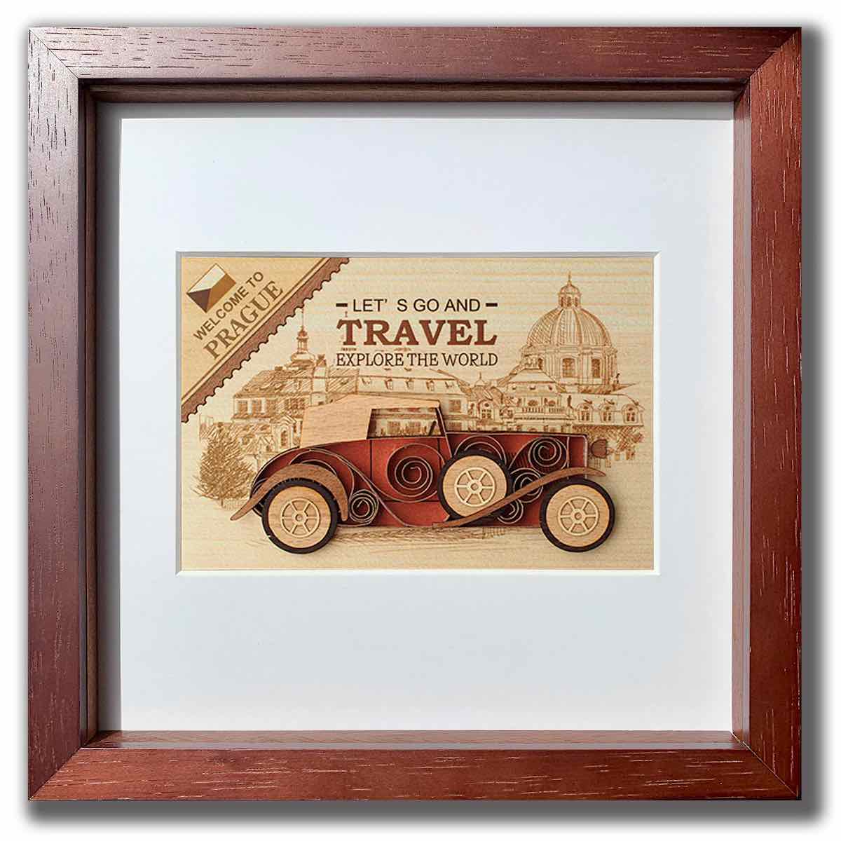 【スーパーSALE10%OFF】本格木工細工 木はり絵手作りキット ワールドトラベル パーツカット済み 額付き ブラウンフレーム 立てかけ ビギナーレベル /イ...