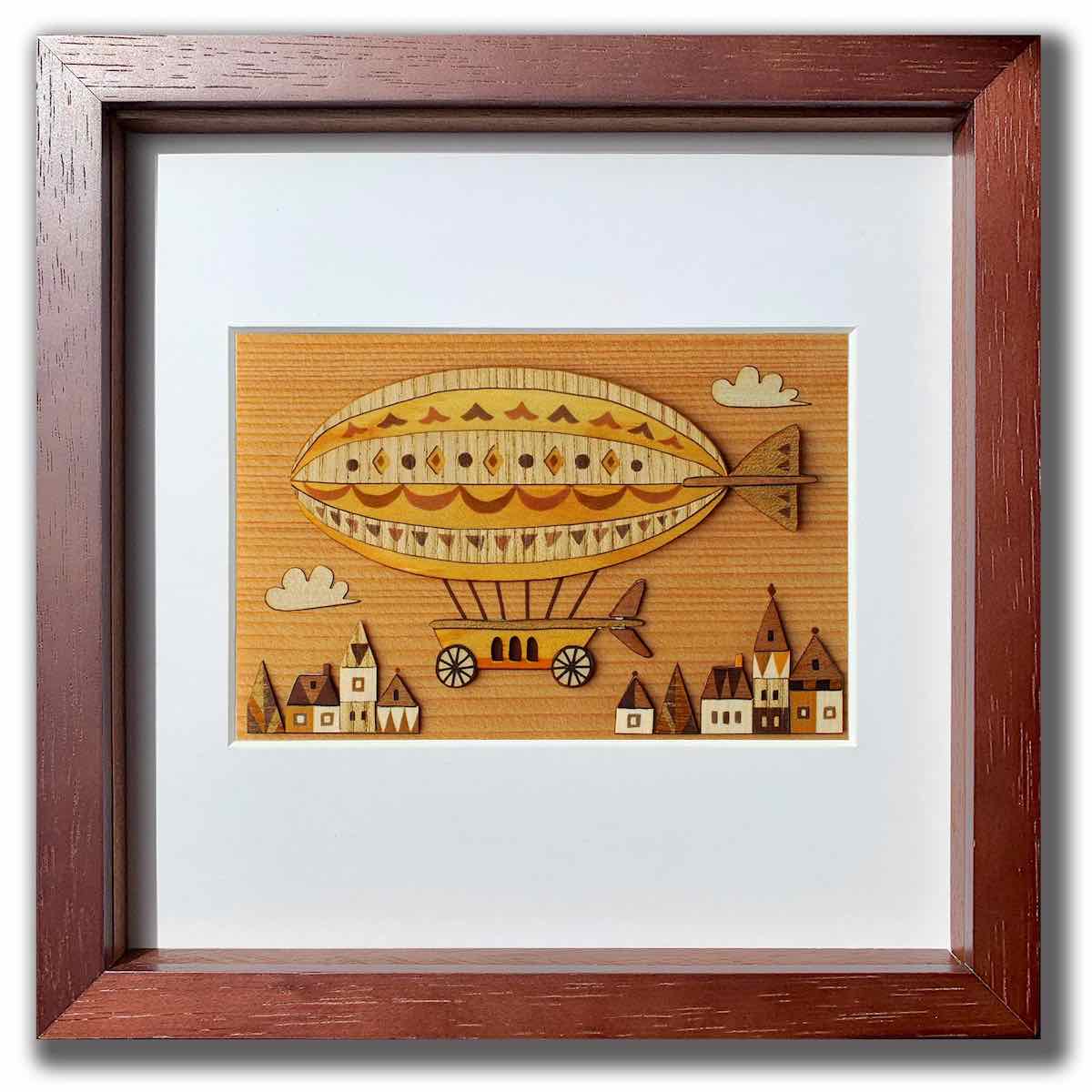 【スーパーSALE10%OFF】本格木工細工 木はり絵手作りキット 飛行船 額付き ブラウンフレーム 立てかけ ビギナーレベル /インテリア 額入り 額装込 子...