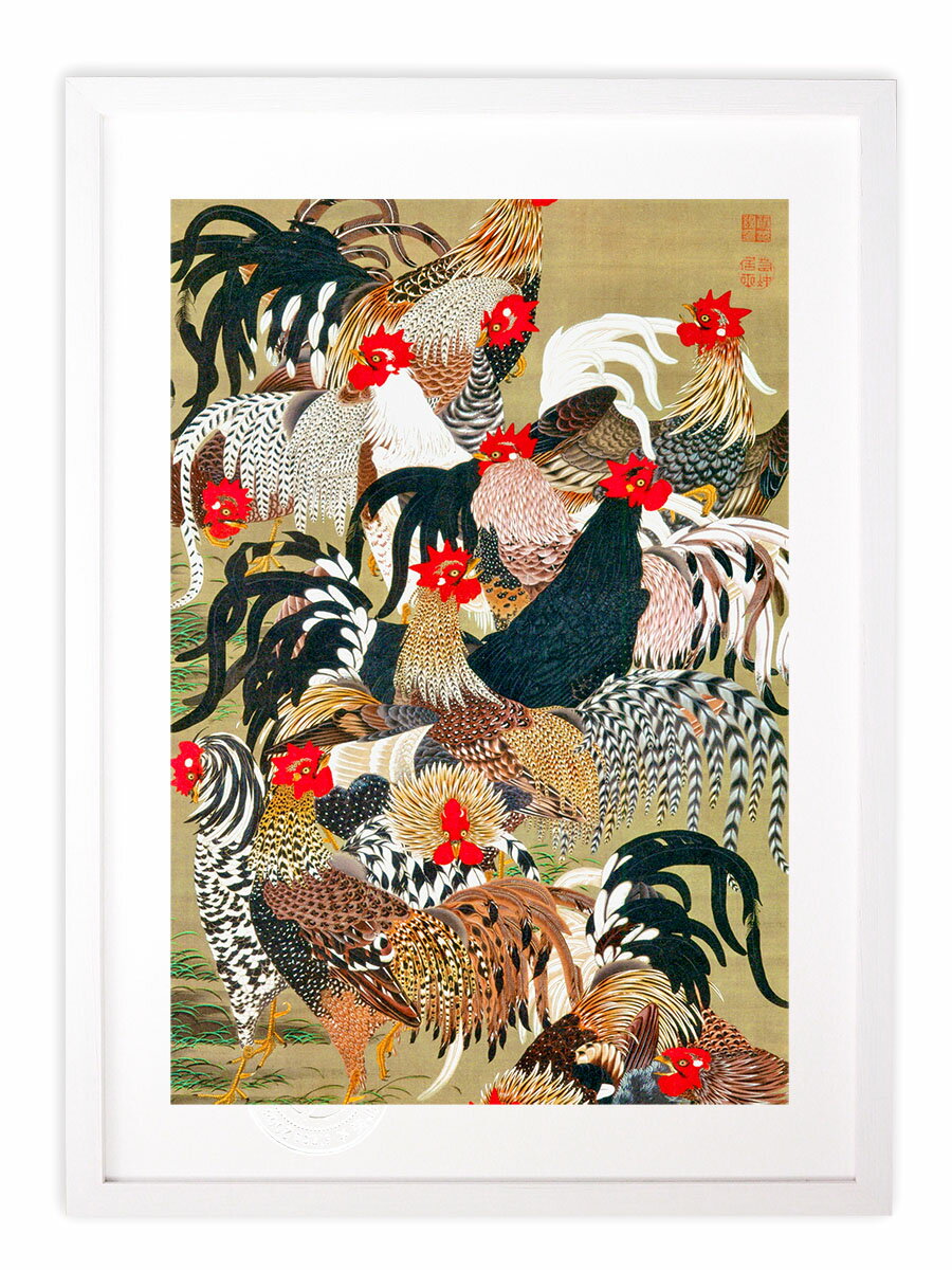 版画 絵画 名画 日本画 群鶏図 (ぐんけいず) 伊藤若冲 インテリア 壁掛け 額入り アート アートパネル モダン アートフレーム おしゃれ