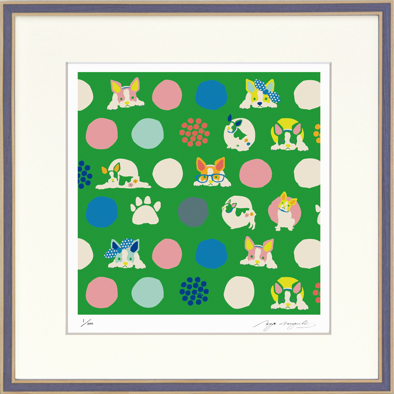 絵画 ホラグチ カヨ Footmark-dog Green インテリア 壁 に飾る絵 リビング 玄関 ギフト 子ども部屋 かわいい 元気になる絵 プレゼント アート フレーム付 壁飾り 額縁付き 御祝 贈り物 おしゃれ 壁掛け 絵 Mサイズ