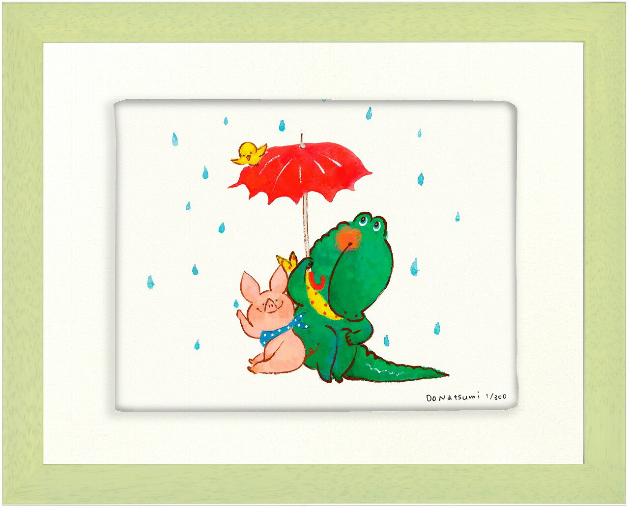 絵画 どうなつみ 雨降り インテリア 動物 ギフト リビング 玄関 子供部屋 飾る かわいい アート プレゼント アートフレーム 癒し 壁飾り 額装済 フレーム付 贈り物 新築祝い 結婚御祝 おしゃれ 壁掛け 絵 Sサイズ