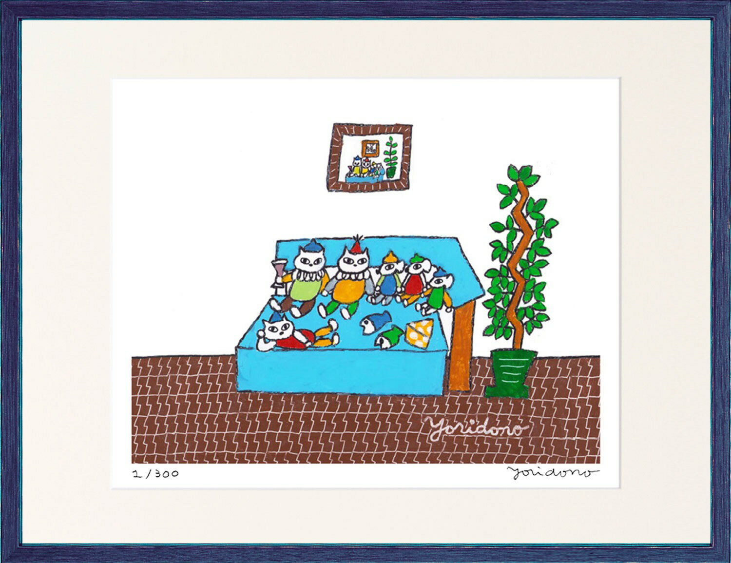 樂天商城 - 版画 絵画 yoridono ソファーの上の生活 yoridono ヨリドノ イラスト 猫 ネコ ねこ かわいい 街並み レトロ インテリア おしゃれ ギフト 大阪 からほり 額縁付き 額装 フレーム付き 壁飾り ウォールアート