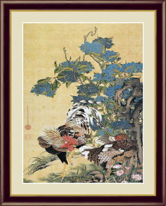 日本の名画 日本画 紫陽花双鶏図 伊藤 若冲 手彩仕上 高精細巧芸画/インテリア 額入り 額装込 アート リビング プレゼント アートフレーム 飾る グッズ ギフト Lサイズ おしゃれ 壁掛け 絵