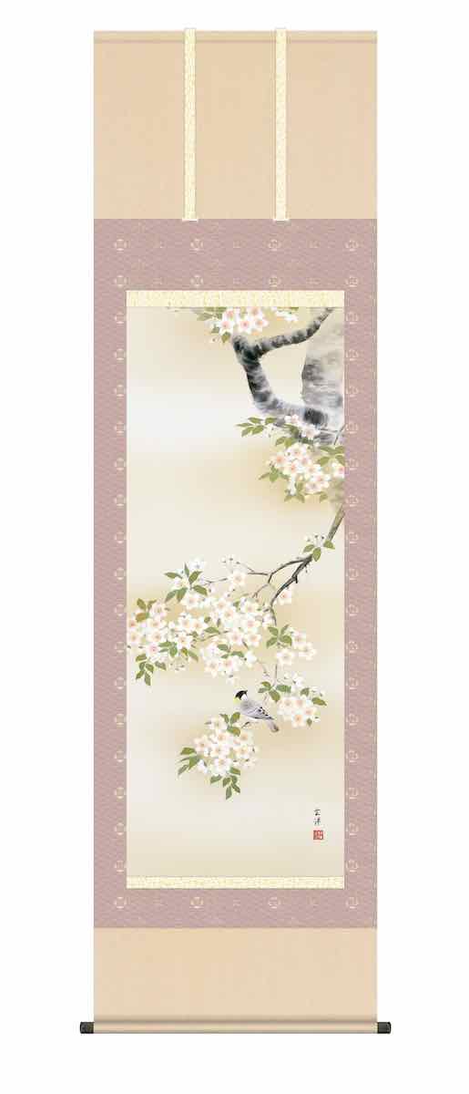 【スーパーSALE10%OFF】10年保証 掛け軸 花鳥画 春掛け 桜花に小鳥 近藤 玄洋 尺五 桐箱入り 洛彩緞子本表装(らくさいどんすほんびょうそう) モダ...
