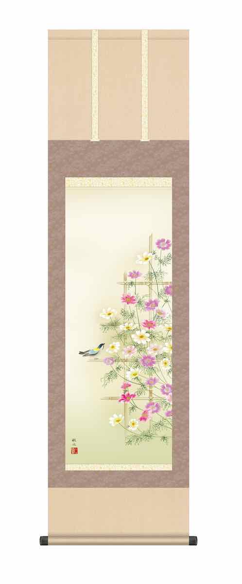 【スーパーSALE10%OFF】10年保証 掛け軸 花鳥画 秋掛け 秋桜(コスモス)浮田 秋水 尺三 化粧箱付き 洛彩緞子本表装(らくさいどんすほんびょうそう)...