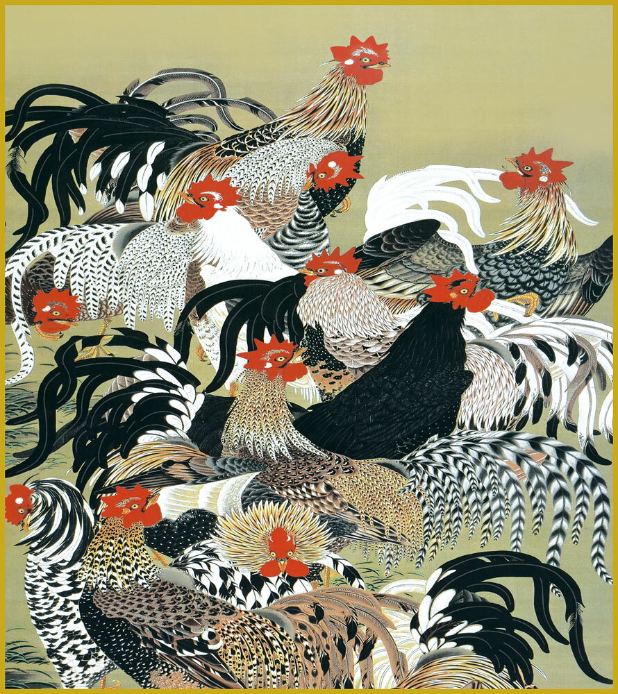 色紙 色紙掛けなし 色紙絵 和風 群鶏図 伊藤若冲 モダン 掛軸 床の間 和室 おしゃれ 壁掛け 絵