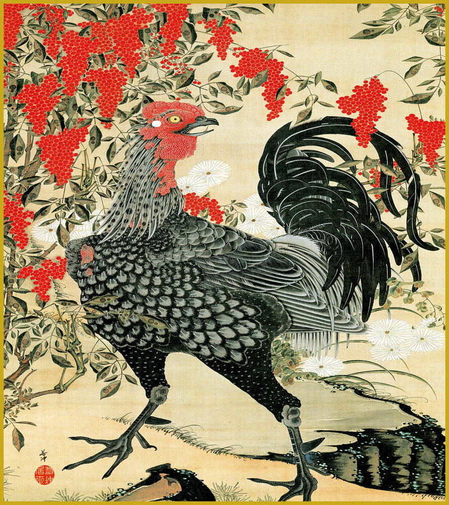 色紙 色紙掛けなし 色紙絵 和風 南天雄鶏図 伊藤若冲 モダン 掛軸 床の間 和室 おしゃれ 壁掛け 絵