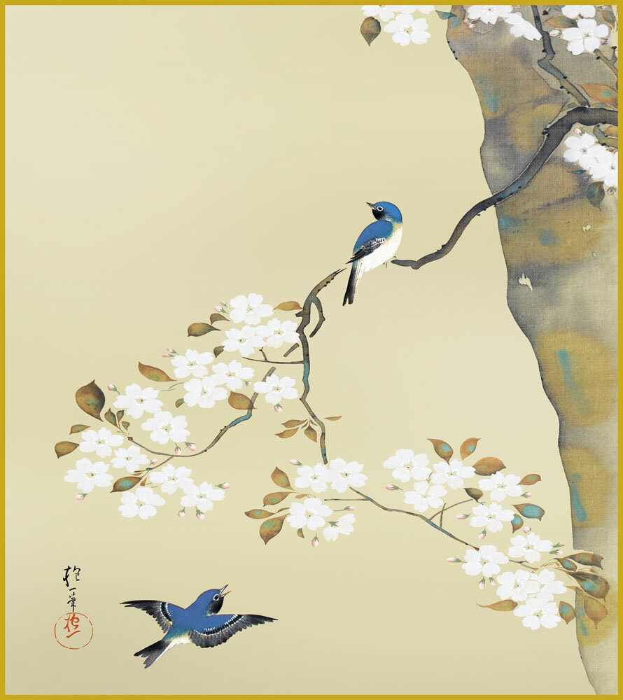 色紙 色紙掛けなし 色紙絵 和風 桜に小禽図 酒井抱一 モダン 掛軸 床の間 和室 おしゃれ 壁掛け 絵