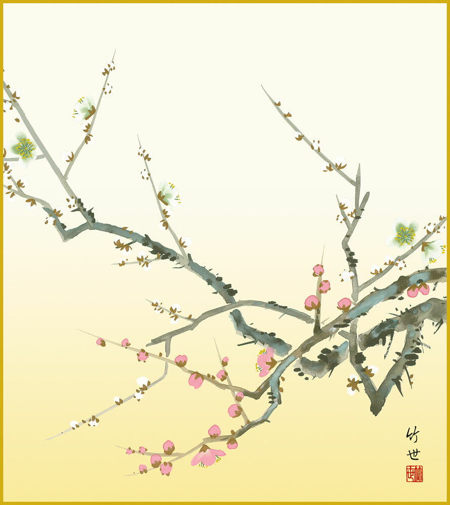 色紙 色紙掛けなし 色紙絵 和風 紅白梅 モダン 掛軸 床の間 和室 おしゃれ 壁掛け 絵