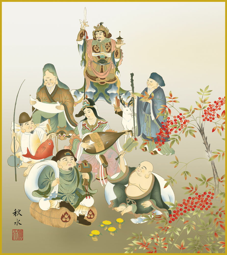 【スーパーSALE10%OFF】色紙 色紙掛けなし 色紙絵 和風 七福神 モダン 掛軸 床の間 和室 おしゃれ 壁掛け 絵
